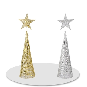 Set of two conical Christmas tree ornaments in gold and silver with sequins and stars