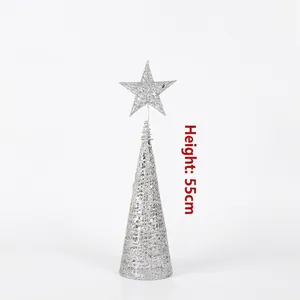 55cm silver glitter cone Christmas tree topper with star ornament for holiday decor