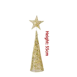 Golden 55cm iron cone Christmas tree topper with shimmering glitter and star shape