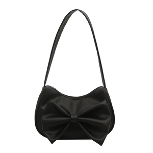 Minimalist black bow shoulder bag for women with half-moon hobo design and matte PU leather