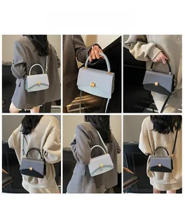 Detail showing various wearing styles of the contrast color leather crossbody bag