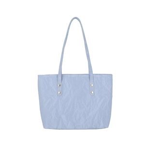 Light blue pleated tote bag with golden rivets and long shoulder straps for daily commute