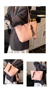 Pink tote bag detail with lychee texture leather and a checkered scarf accessory