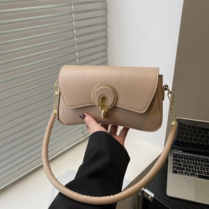 Women PU Leather Crossbody Bag Gold Ring Buckle Baguette Flap Shoulder Underarm Handbag Minimalist Retro Style Casual