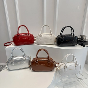 Women Retro PU Leather Boston Bag Minimalist Handbag With Adjustable Strap Gold Hardware Glossy Small Square Shoulder Bag