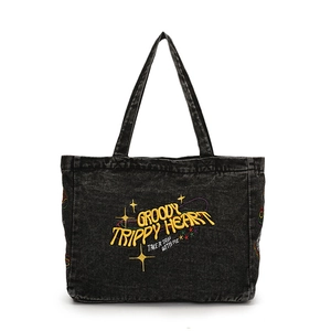 Vintage dark gray denim tote bag with colorful Groovy Trippy Heart embroidery detail