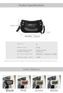 Detailed dimensions of the star-riveted PU shoulder bag with clear window and four colors