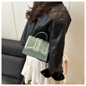 Detail of light green crocodile pattern bag with silver chain strap on model outfit
