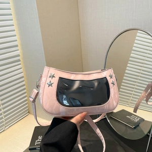 Women Fashion PU Leather Underarm Bag With Star Rivets Transparent Window Ita Bag Trendy Crossbody Shoulder Handbag