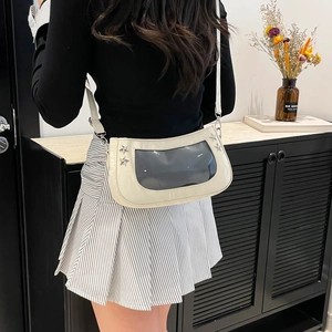 Fashionable cream white underarm bag with transparent window and silver star rivets