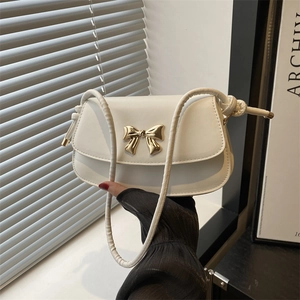 Women PU Leather Crossbody Bag Golden Metal Bow Buckle Flap Small Square Shoulder Bag Urban Minimalist Fashion