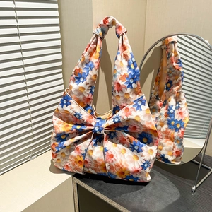 Pastoral Floral Printed Cotton Canvas Handbag For Women Sweet Large Bow Decoration Tote Bag Simple Daily Wrist Purse