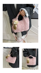 Pink bubble textured tote with adjustable strap and cute brown plush bear charm