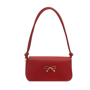 Minimalist red leather underarm bag with gold bow buckle and stylish knotted shoulder strap