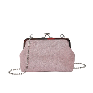 Pink glitter evening bag with silver kiss-lock and ball chain strap for women