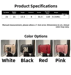 Size chart for PU leather chain crossbody bag showing dimensions of 21x13.5x8cm