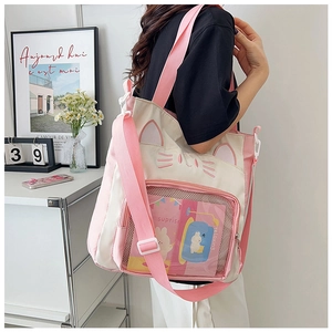 Détail du sac cabas chat avec compartiment transparent et bandoulière rose réglable