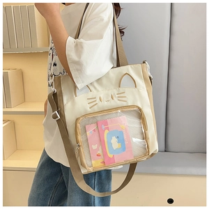 Détail du sac en toile oreilles de chat avec poche PVC transparente et broderie chat