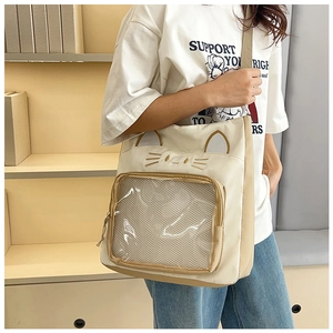Süße Katzen-Segeltuchtasche mit transparentem PVC-Fenster und Katzenohr-Stickerei-Details