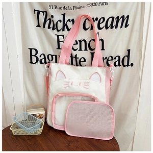 Detail der rosa Katzen-Ita-Bag mit transparentem Fenster und 3D-Ohren auf Canvas-Tote