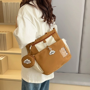 Sac seau rétro en toile à grande capacité avec mini porte-monnaie en marron et blanc
