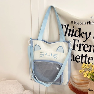 Sac Ita Chat Mignon Bandoulière Cabas Nylon Fenêtre Transparente Broderie Dessin Animé École Sac À Main Pour Filles