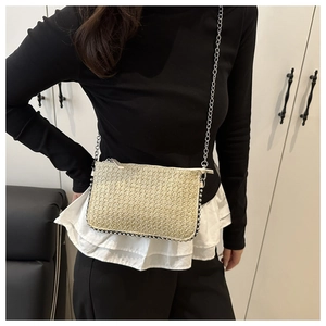 Detail of beige woven crossbody bag featuring silver bead trim and a thin metal chain strap