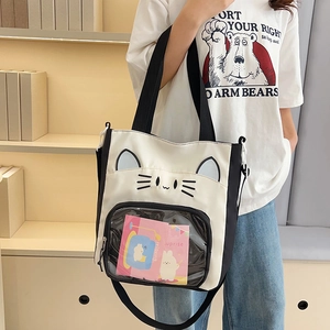 Sac fourre-tout chat en toile avec fenêtre transparente et broderie pour étudiantes