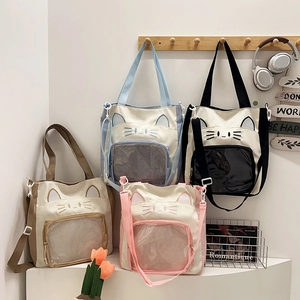 Süße Katzen-Canvas-Taschen in vier Farben mit transparentem Fach für Studenten