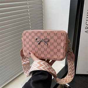Women Monogram Print Crossbody Camera Bag PU Leather Metal Bow Decor Wide Fabric Strap Zippered Fashion Shoulder Handbag