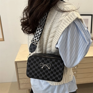 Fashion vintage crossbody bag with grey monogram print and wide patterned shoulder strap