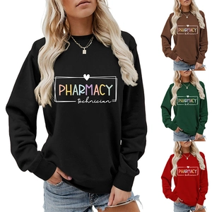 Detail view of round neck long sleeve sweatshirt in black brown green and red colors