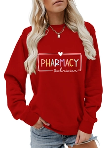 Detail of red crew neck sweatshirt with colorful PHARMACY technician graphic print