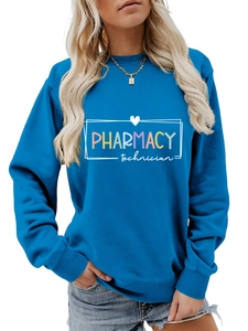 Detail view of navy blue crewneck sweatshirt with ribbed cuffs and Pharmacy technician print