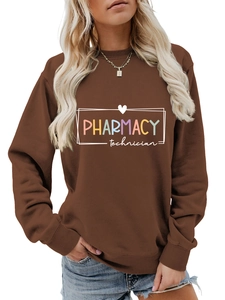 Detailed view of PHARMACY technician print on brown crewneck sweatshirt for women
