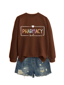 Detail of PHARMACY letter print sweatshirt with side slit hem and distressed denim shorts