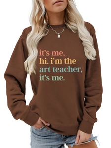 Detail of coffee brown sweatshirt with colorful art teacher slogan and ribbed crew neck