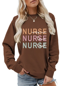 Detail of Nurse inspire love heal print on brown crewneck sweatshirt fabric