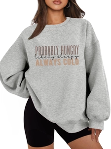Detail of grey fleece sweatshirt featuring Probably Hungry embroidery text for women
