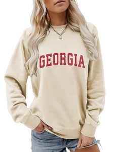 Detail of soft cream crewneck sweatshirt with vintage red GEORGIA print and knit texture