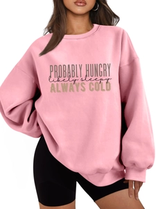 Detail of pink oversized fleece sweatshirt with PROBABLY HUNGRY slogan print