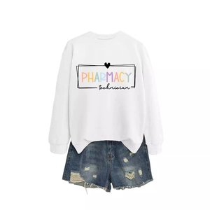 White crewneck sweatshirt with Pharmacy technician print and blue distressed denim shorts