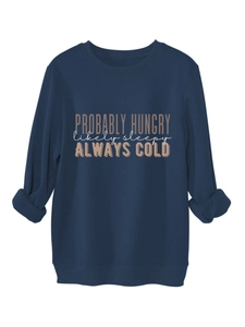 Detail of ribbed cuffs and text print on dark blue heavy cotton fleece sweatshirt