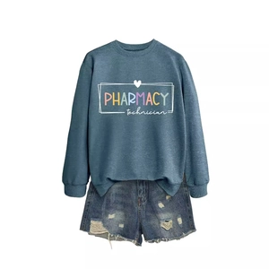 Women's crewneck long sleeve sweatshirt with Pharmacy print and denim shorts set