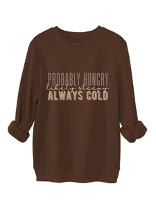 Detail of brown crewneck sweatshirt featuring Probably Hungry artistic typography