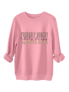 Detail of pink fleece sweatshirt showing triple slogan print and thick cotton fabric