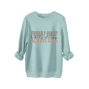 Mint green crewneck sweatshirt featuring Probably Hungry slogan print in a loose fit