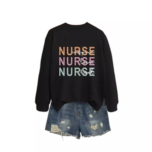 Black long sleeve nurse sweatshirt with inspire love heal print and denim shorts