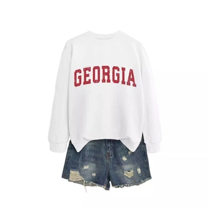 Women's white long sleeve Georgia sweatshirt with distressed denim shorts casual set