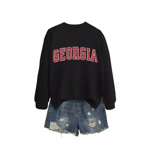 Women's GEORGIA print black sweatshirt and distressed blue denim shorts set